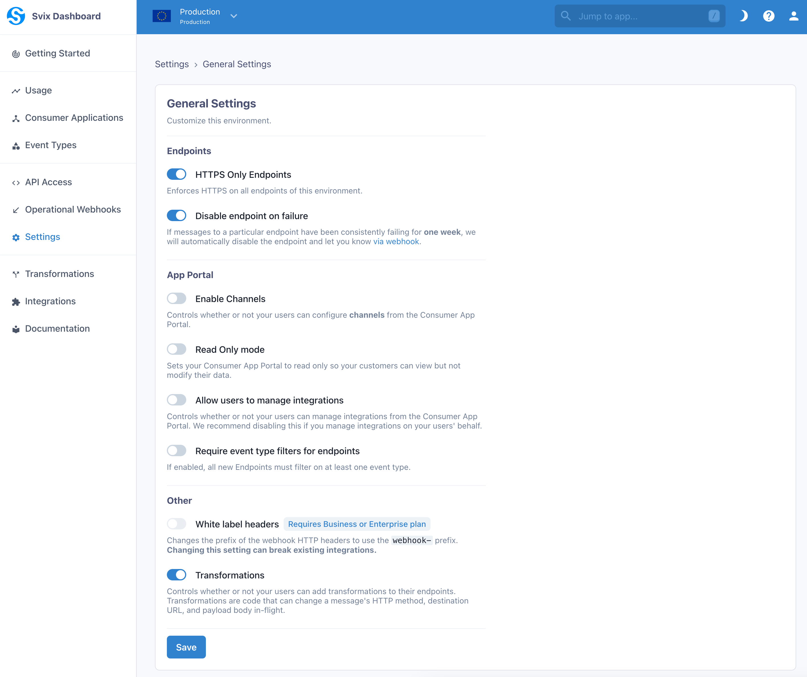 Environment Settings page with the Enable Transformation toggle